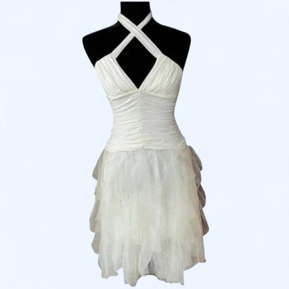 BCBGMaxAzria 2000s White Ruched Halter Midi Dress